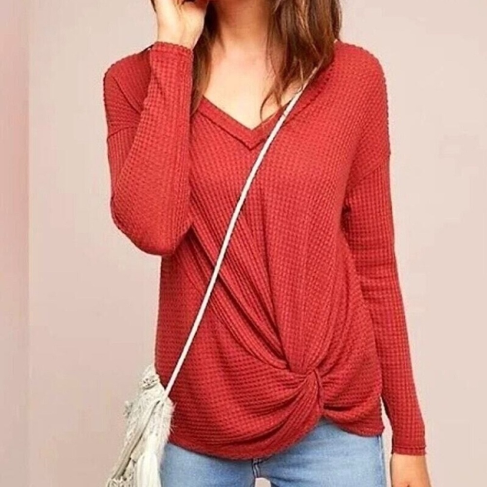 Akemi + Kin Anthropologie Womens Top‎ Waffle Knit V Neck Pullover Rust Sz M